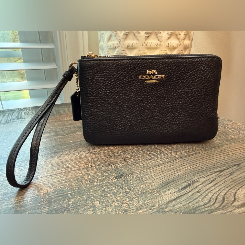 Coach Black Leather Wristlet with Gold Accents